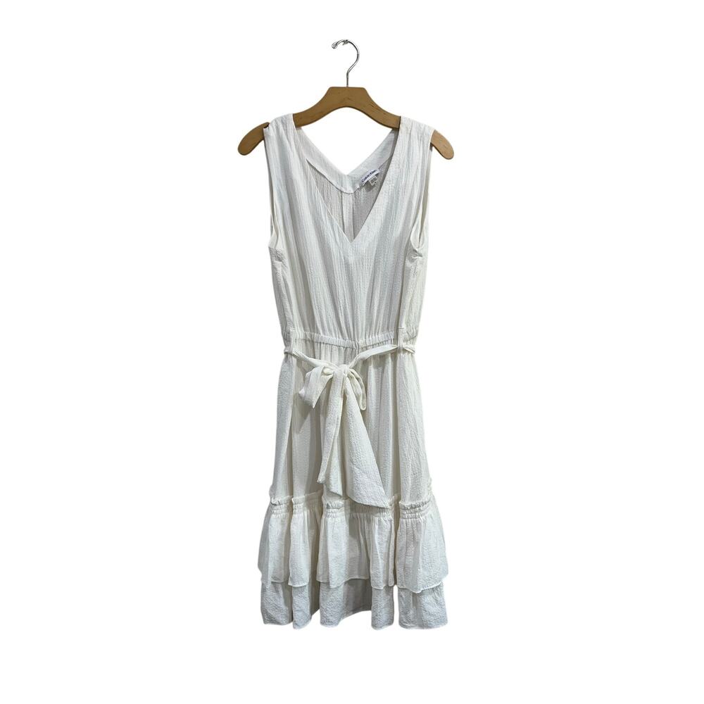 Calvin Klein White Ruffle Hem Belted A Line Midi Dress Size 14